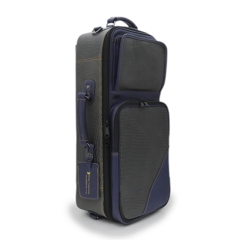 Guard_Bags_Elite_Series_4-ECLG-NB_Cro_Double_Trumpet_Case_in_Crocodile-Embossed_Gray_Leather_with_Navy_Leather_Trim_01