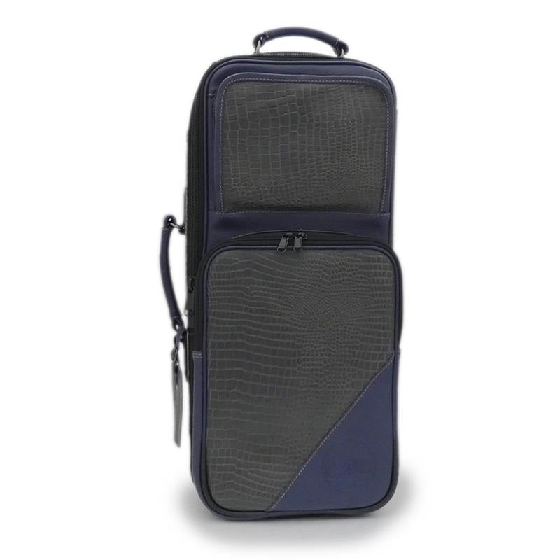 Guard_Bags_Elite_Series_4-ECLG-NB_Cro_Double_Trumpet_Case_in_Crocodile-Embossed_Gray_Leather_with_Navy_Leather_Trim_02