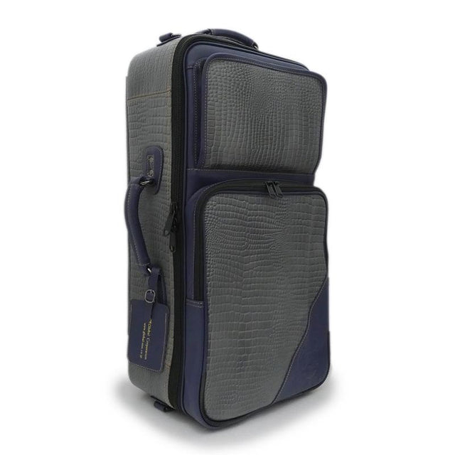 Guard_Bags_Elite_Series_5-ECLG-NB_Cro_Triple_Trumpet_Case_in_Crocodile-Embossed_Gray_Leather_with_Navy_Leather_Trim_01