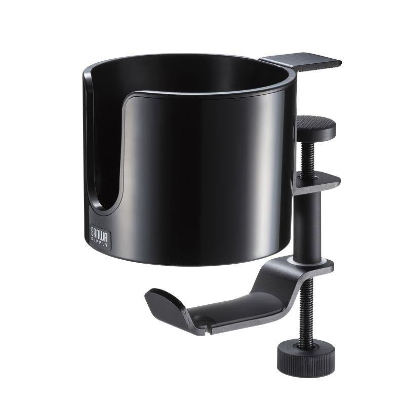 Sanwa_Supply_PDA-STN76BK_(Black)_Headphone_Hook_Headphone_Hanger_with_Drink_Holder_01